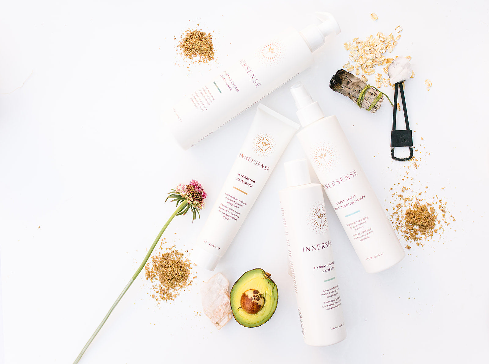 Innersense Organic Beauty hydrating hairbath, sweet spirit leave in, and hair treatment