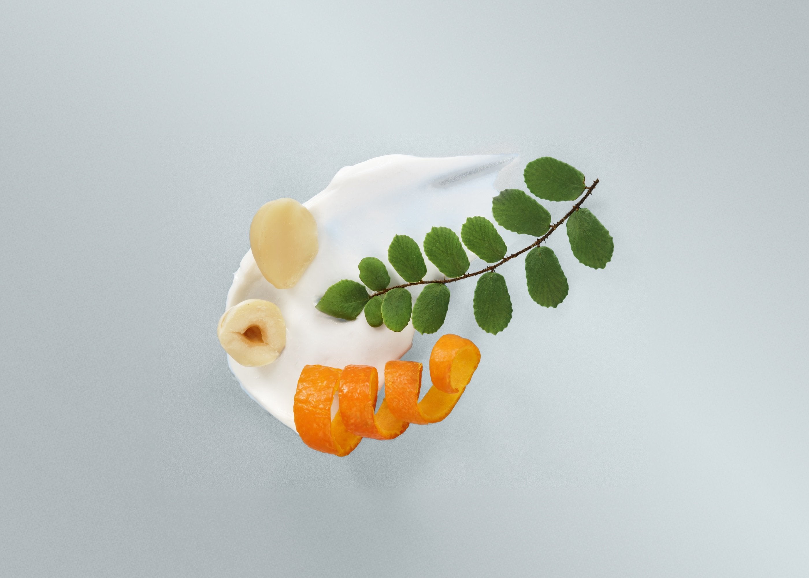 Natural ingredients for a natural bonding repair hair mask - mint, mango and orange peel.